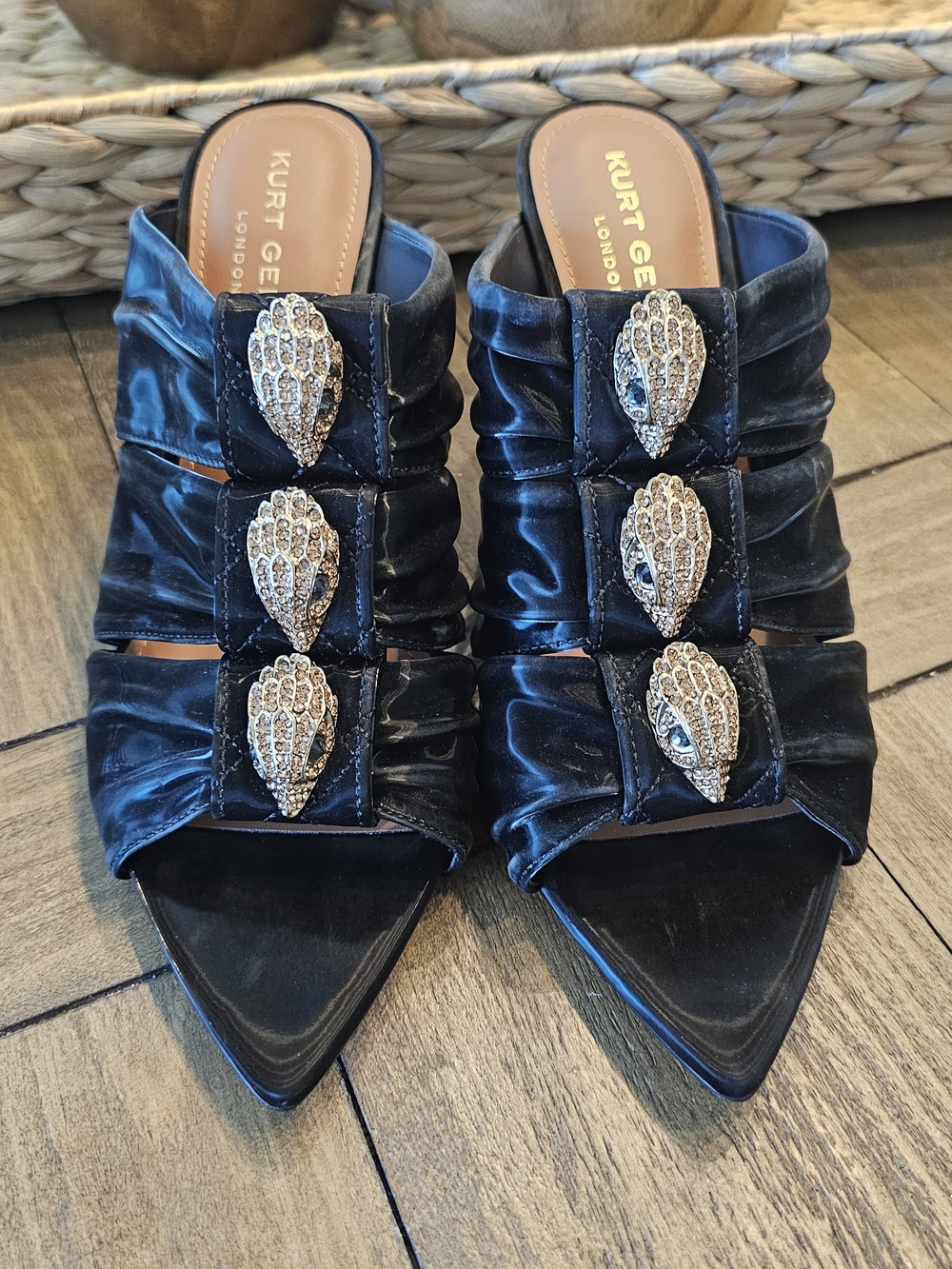 Kurt Geiger Black Pointed Slip-On Mules Gold Crystal Accents Womens Sz 5 & 10-11